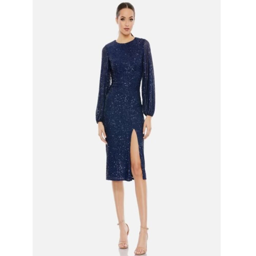 Mac Duggal Ieena Long Sleeve Sequin Midi Dress Midnight Size 10 Side Slit Lined